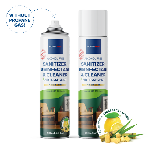 Northmed Premium Alcohol-Free Sanitizer, Disinfectant & Cleaner for Indoor Surfaces +Air Freshener (Lemon & Sugarcane aroma), 250ml